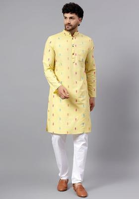 Yellow Woven Design Cotton Kurta Set For Men