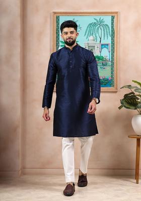 Navy Blue Woven Design Silk Blend Kurta Set For Men