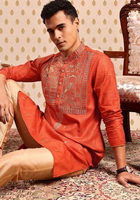Orange Embroidered Polyester Kurta Set For Men