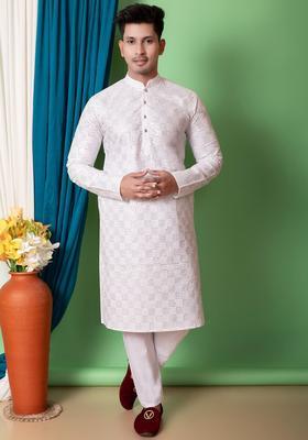 White Embroidered Cotton Kurta Set For Men