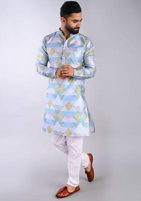Grey Printed Cotton Kurta Set For Men