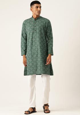 Green Printed Cotton Kurta Set For Men