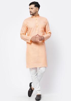 Peach Solid Cotton Kurta Set For Men