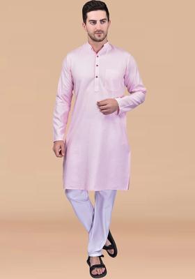 Pink Solid Cotton Kurta Set For Men