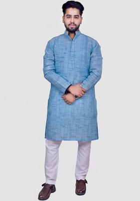 Blue Self Design Cotton Kurta Set For Men