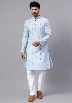 Blue Striped Cotton Kurta Set For Men