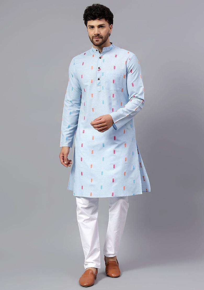 Blue Striped Cotton Kurta Set For Men - Indya