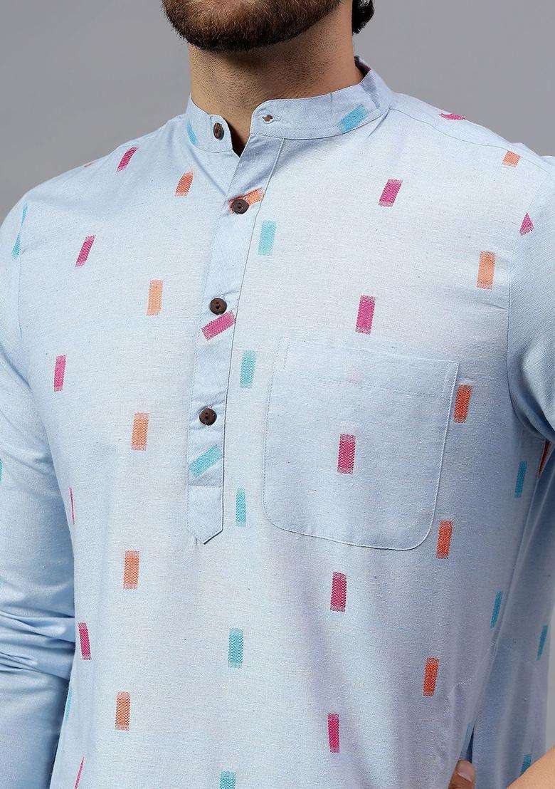 Blue Striped Cotton Kurta Set For Men - Indya