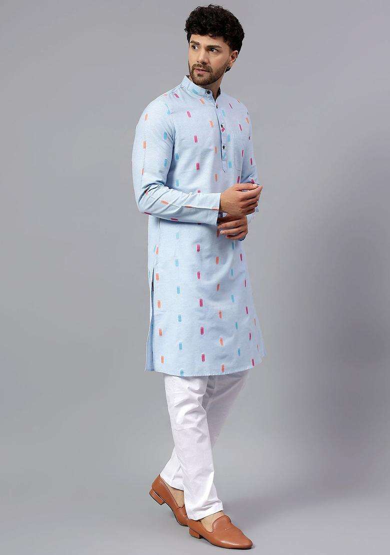 Blue Striped Cotton Kurta Set For Men - Indya