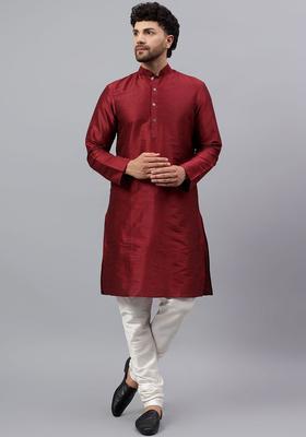 Maroon Solid Silk Kurta Set For Men