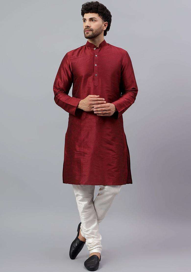 Maroon Solid Silk Blend Kurta Set For Men - Indya
