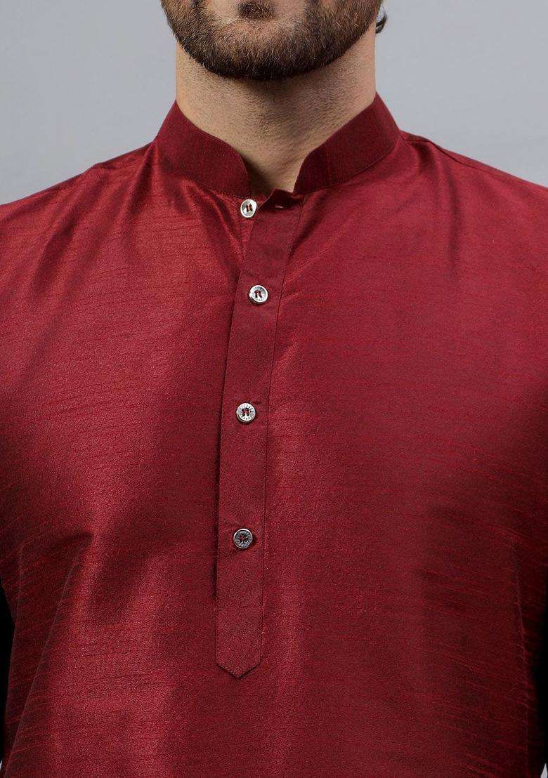 Maroon Solid Silk Blend Kurta Set For Men - Indya