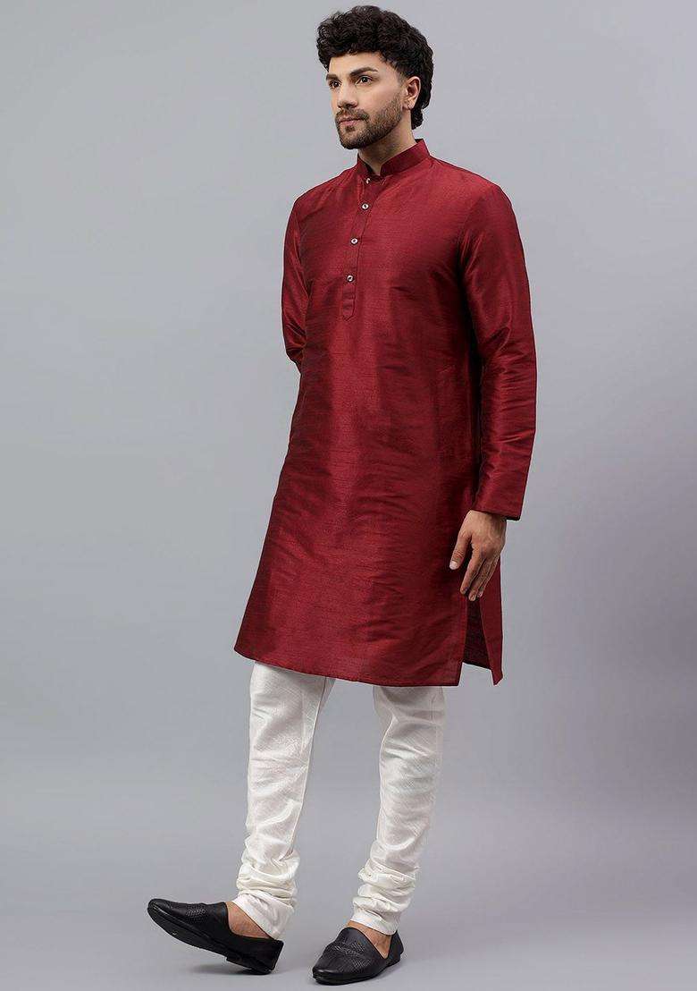Maroon Solid Silk Blend Kurta Set For Men - Indya