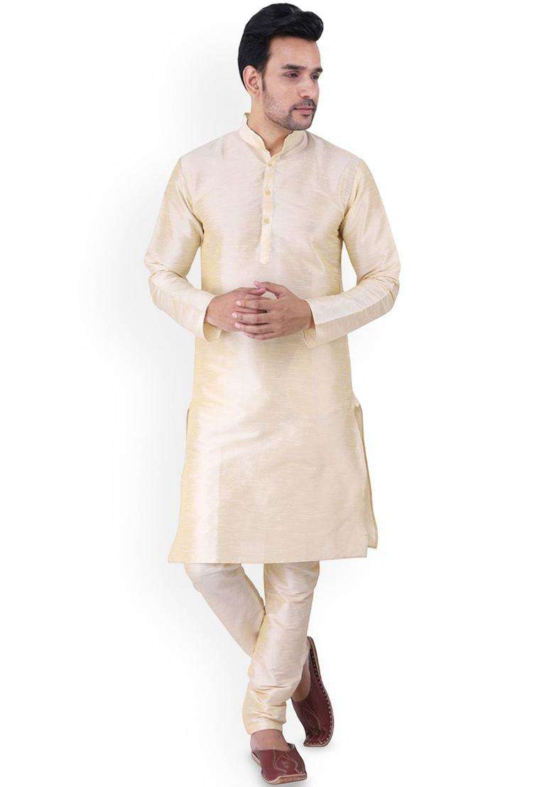 Gold Solid Silk Blend Kurta Set For Men - Indya