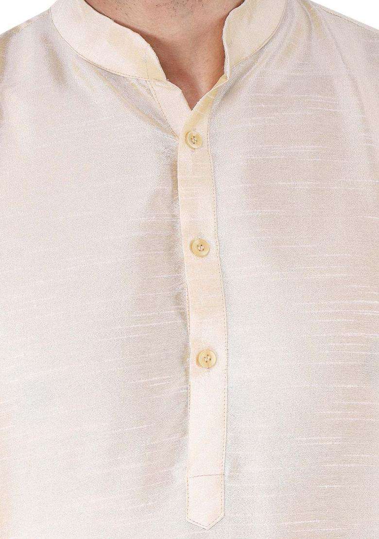 Gold Solid Silk Blend Kurta Set For Men - Indya