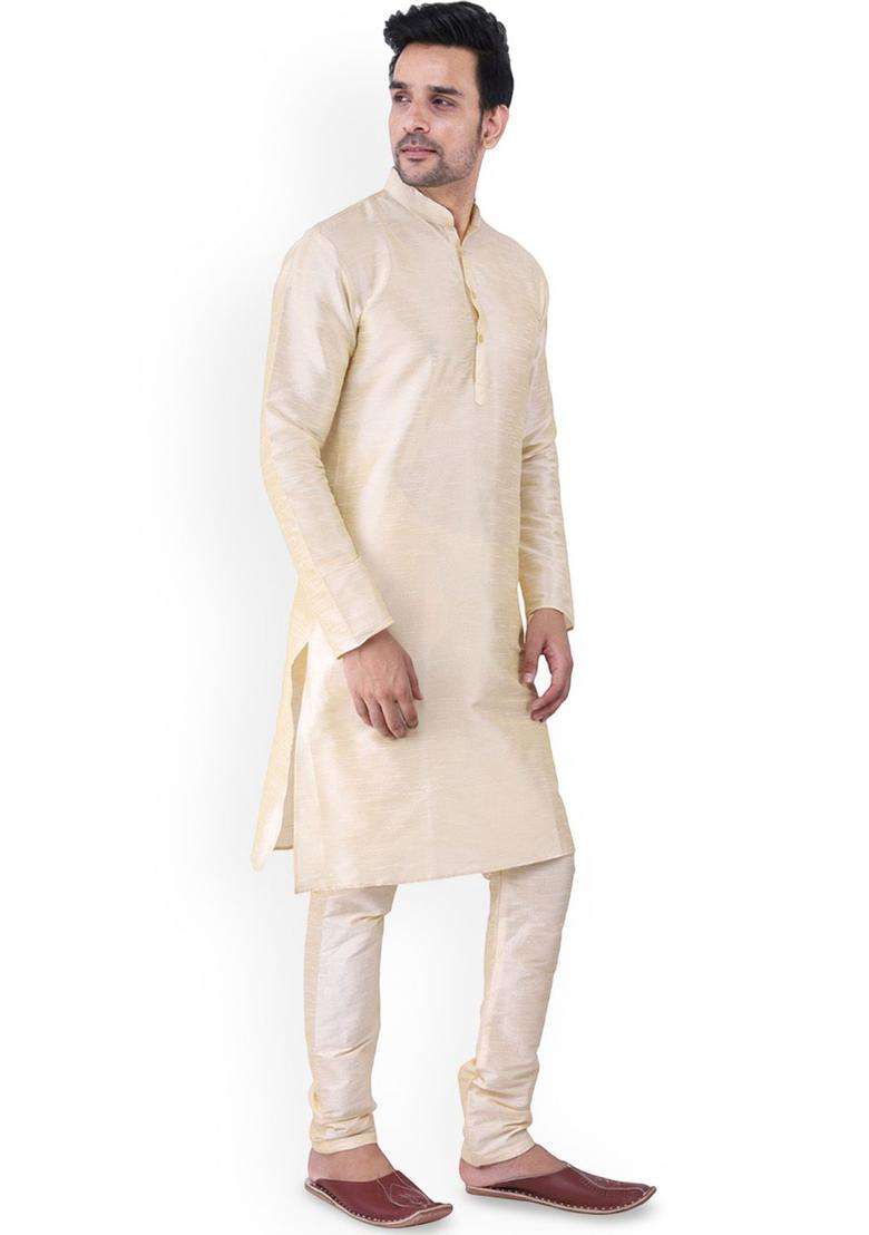 Gold Solid Silk Blend Kurta Set For Men - Indya