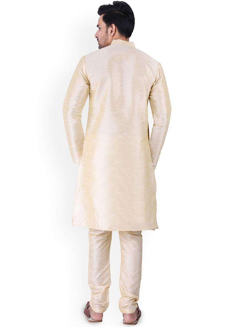 Gold Solid Silk Blend Kurta Set For Men - Indya