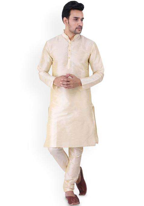 Gold Solid Silk Blend Kurta Set For Men