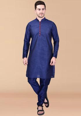 Navy Blue Solid Silk Kurta Set For Men