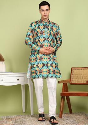 Green Printed Cotton Kurta Set For Men