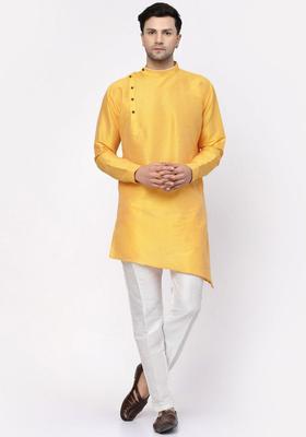 Yellow Solid Silk Kurta Set For Men