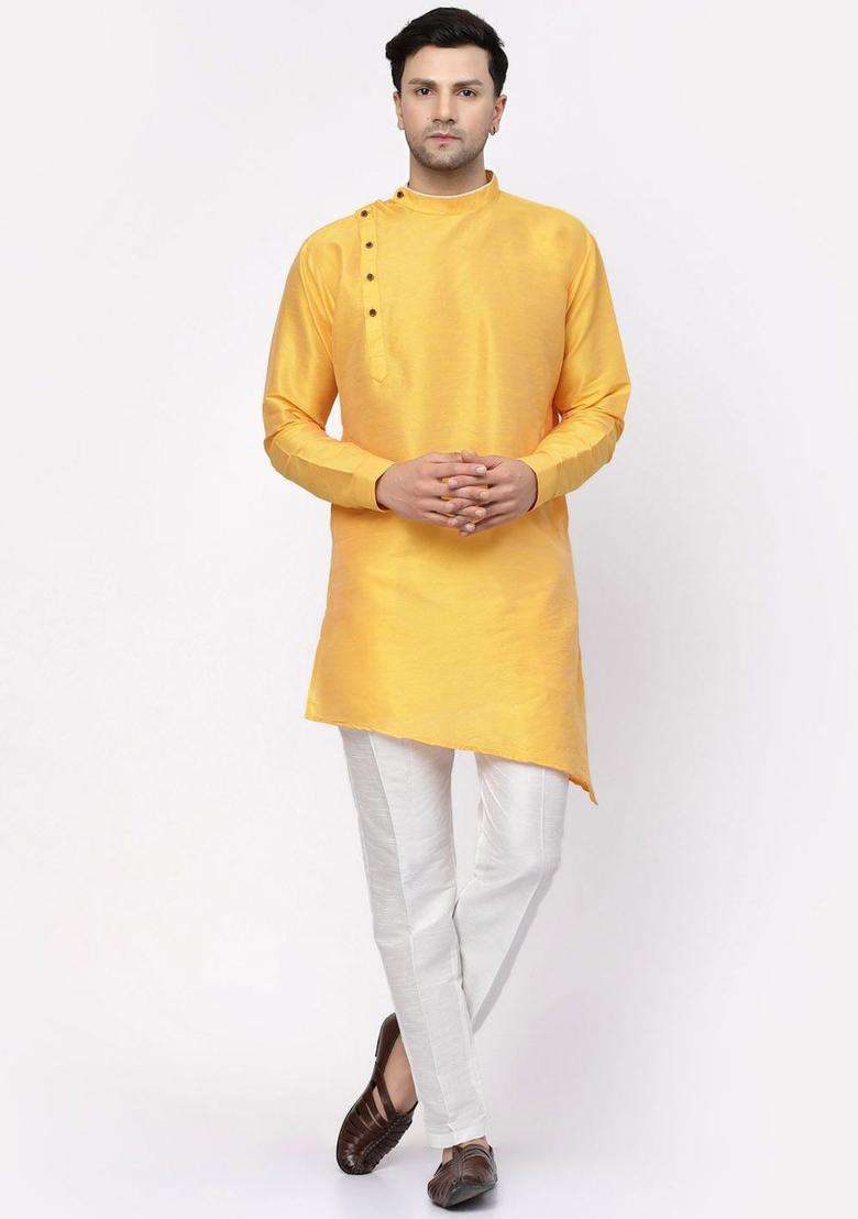 Yellow Solid Silk Blend Kurta Set For Men - Indya