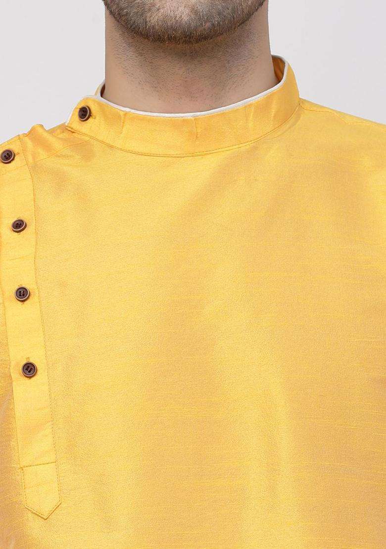 Yellow Solid Silk Blend Kurta Set For Men - Indya