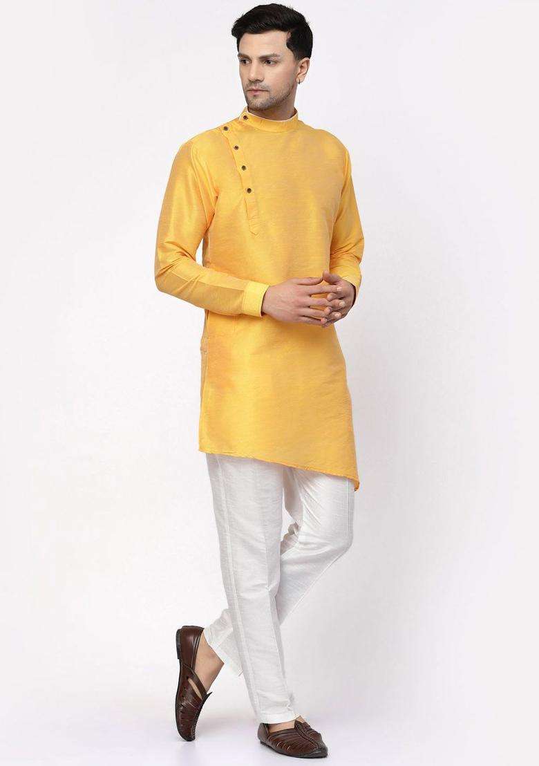 Yellow Solid Silk Blend Kurta Set For Men - Indya