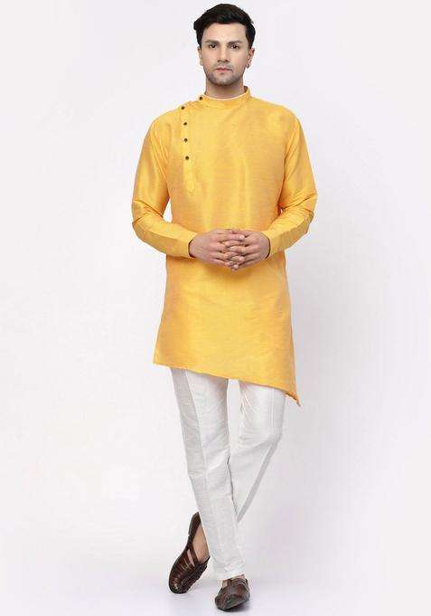 Yellow Solid Silk Blend Kurta Set For Men
