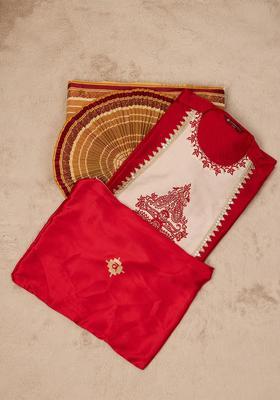Red Embroidered Viscose Kurta Set For Men