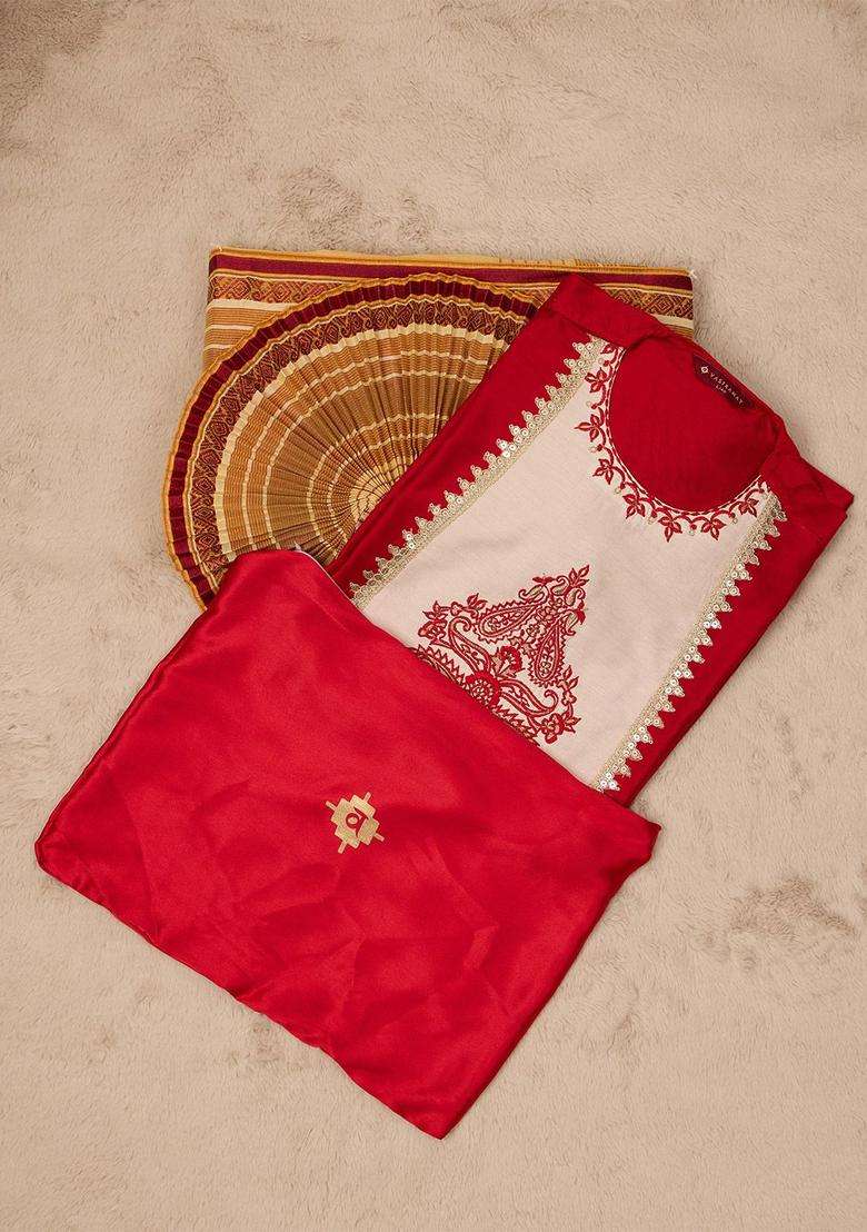 Red Embroidered Viscose Kurta Set For Men - Indya