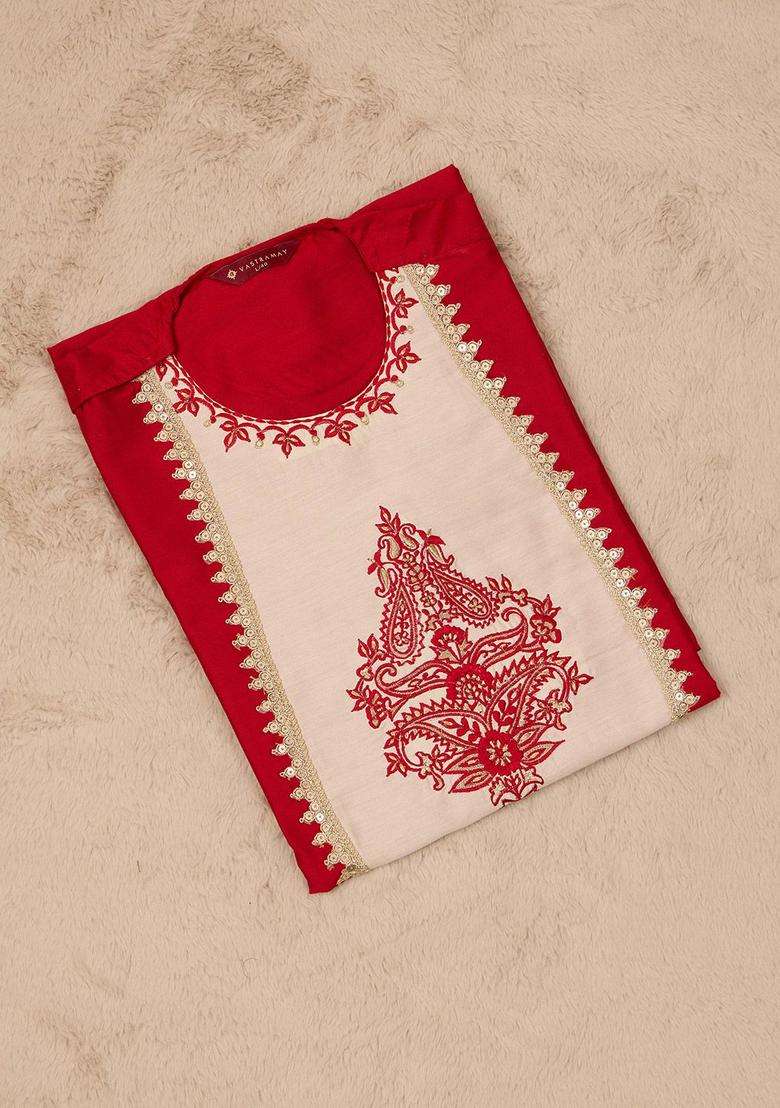 Red Embroidered Viscose Kurta Set For Men - Indya
