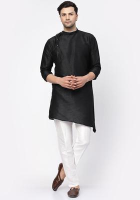 Black Self Design Silk Kurta Set For Men