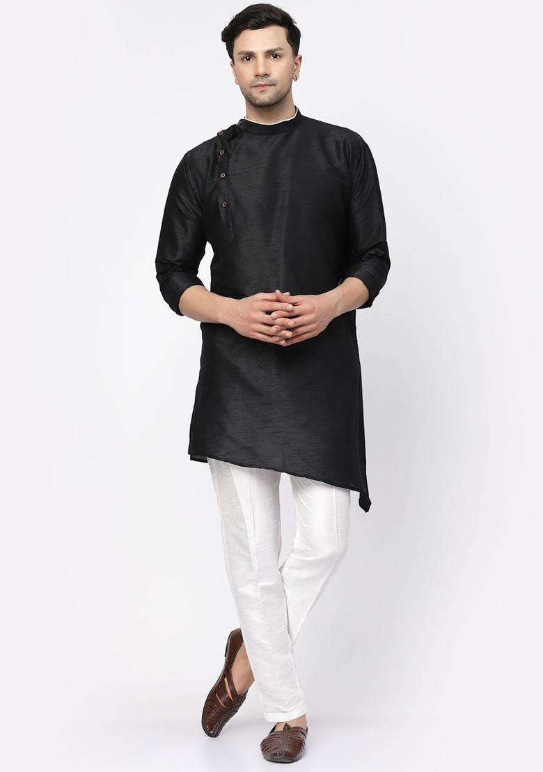 Black Self Design Silk Blend Kurta Set For Men - Indya