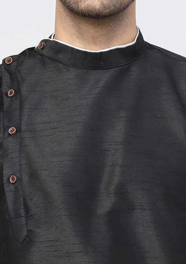 Black Self Design Silk Blend Kurta Set For Men - Indya