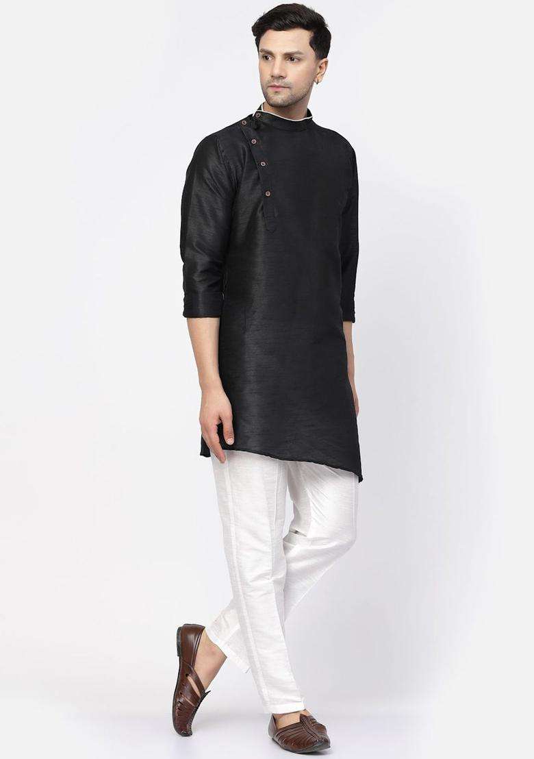 Black Self Design Silk Blend Kurta Set For Men - Indya