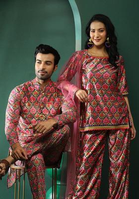 Pink Printed Silk Kurta Set For Men
