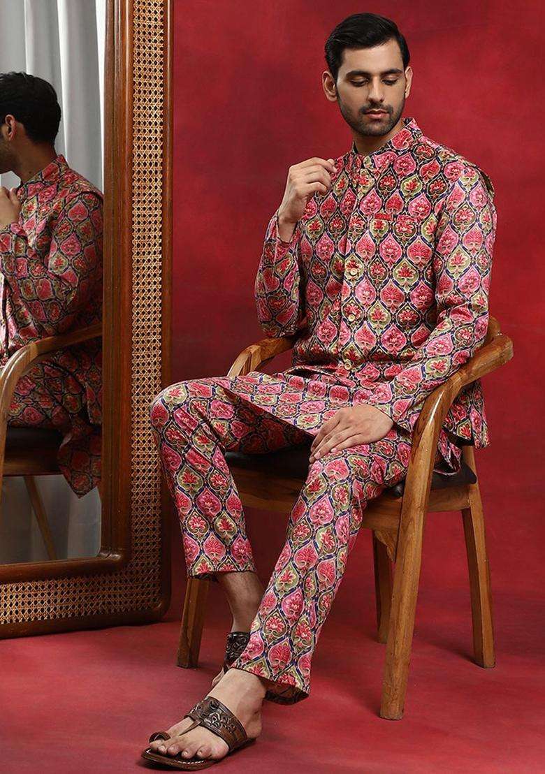 Pink Printed Silk Blend Kurta Set For Men - Indya