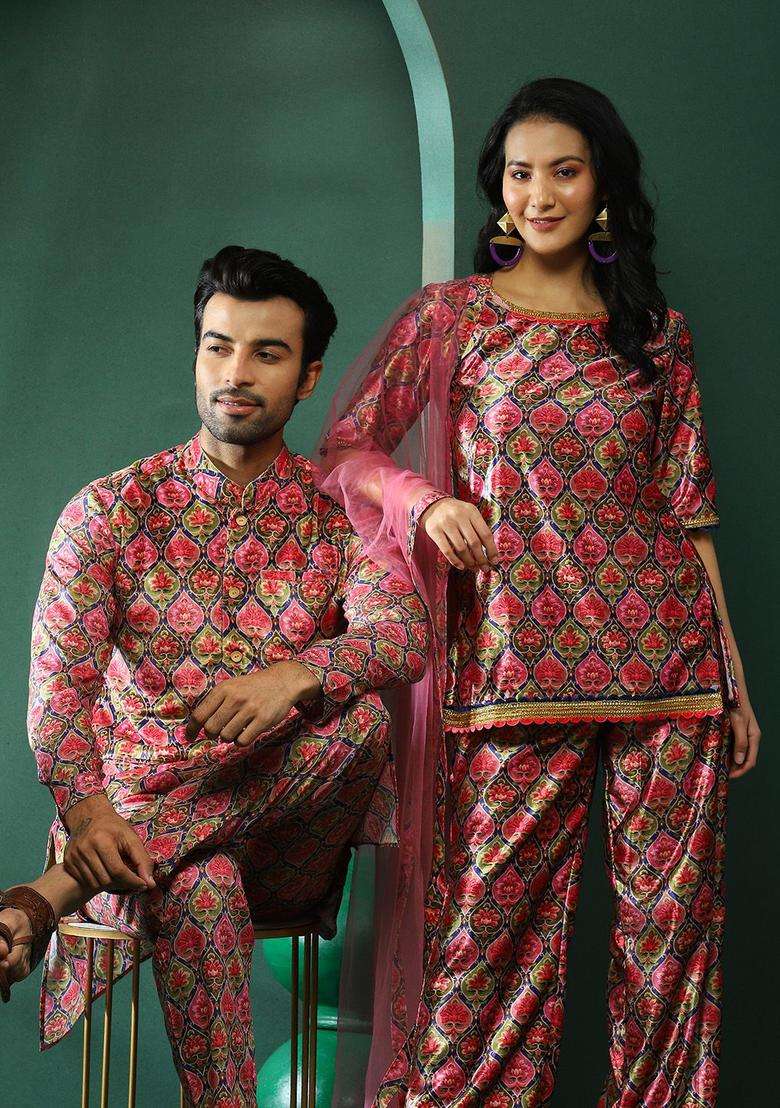Pink Printed Silk Blend Kurta Set For Men - Indya