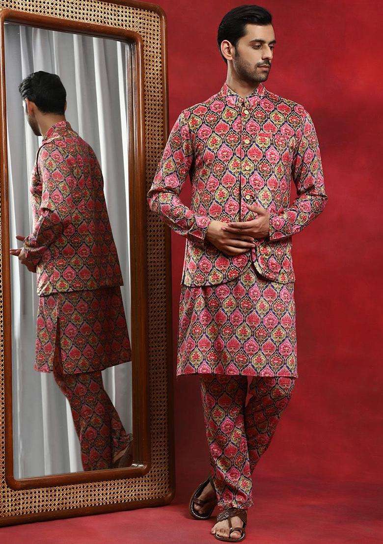 Pink Printed Silk Blend Kurta Set For Men - Indya