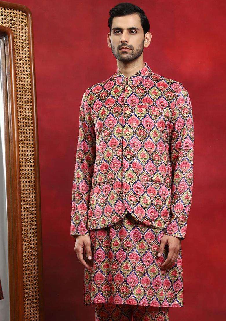 Pink Printed Silk Blend Kurta Set For Men - Indya