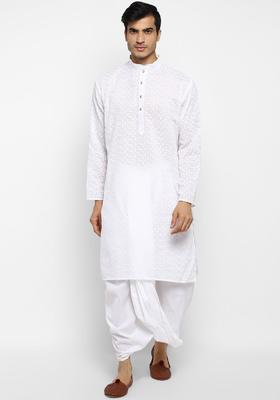 White Self Design Cotton Kurta Set For Men