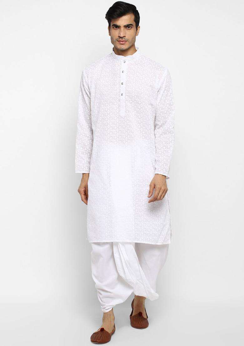 White Self Design Cotton Kurta Set For Men - Indya