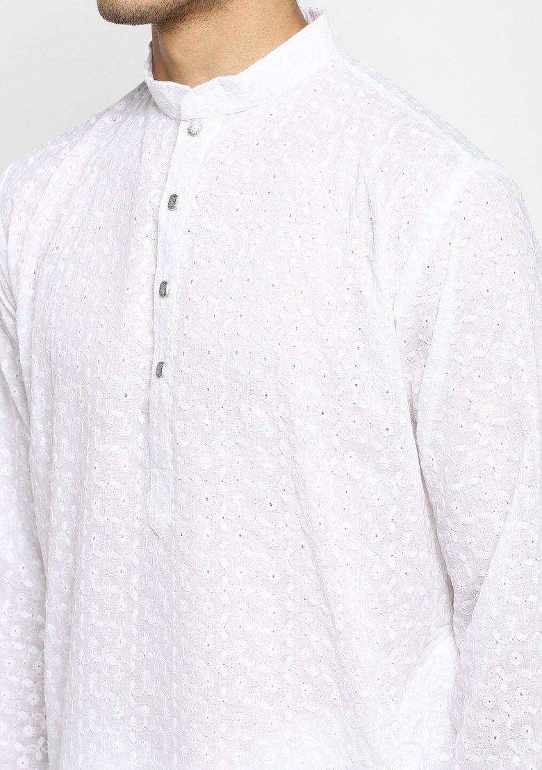 White Self Design Cotton Kurta Set For Men - Indya