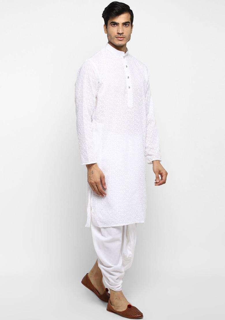 White Self Design Cotton Kurta Set For Men - Indya