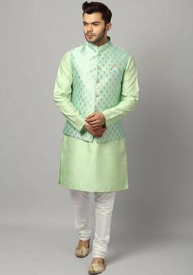 Sea Green Solid Silk Kurta Set For Men