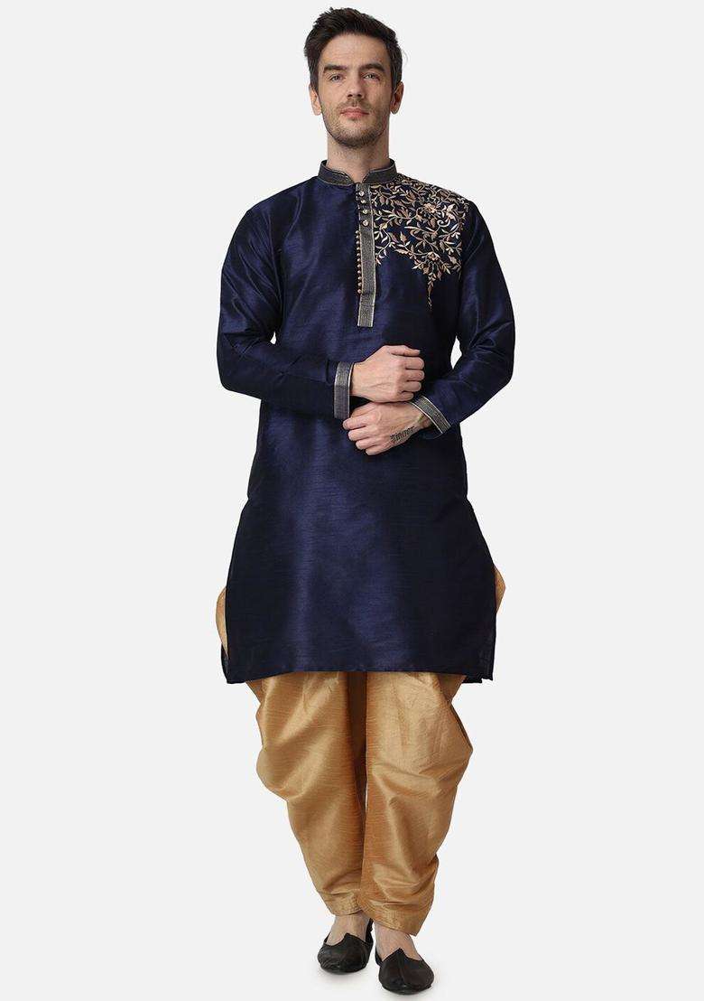 Navy Blue Embroidered Silk Kurta Set For Men - Indya