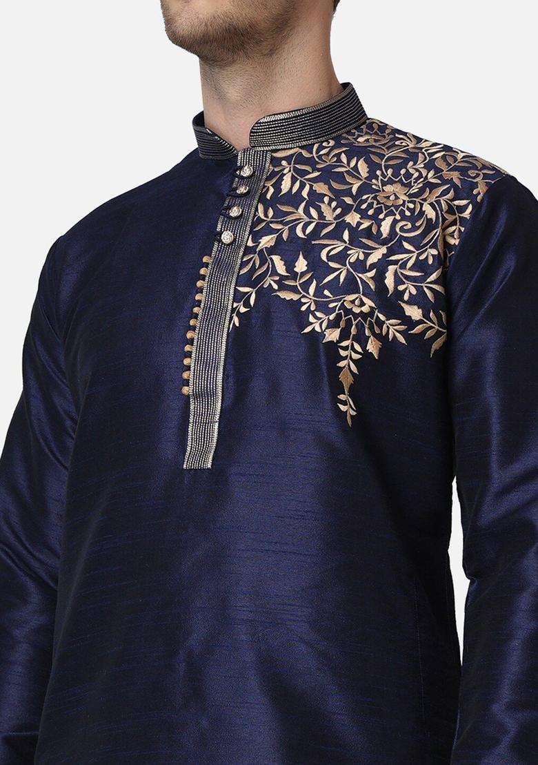 Navy Blue Embroidered Silk Kurta Set For Men - Indya