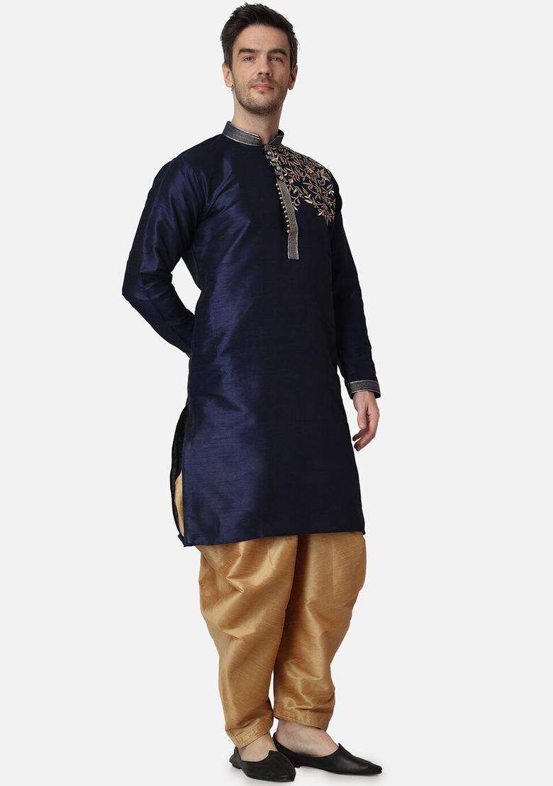 Navy Blue Embroidered Silk Kurta Set For Men - Indya