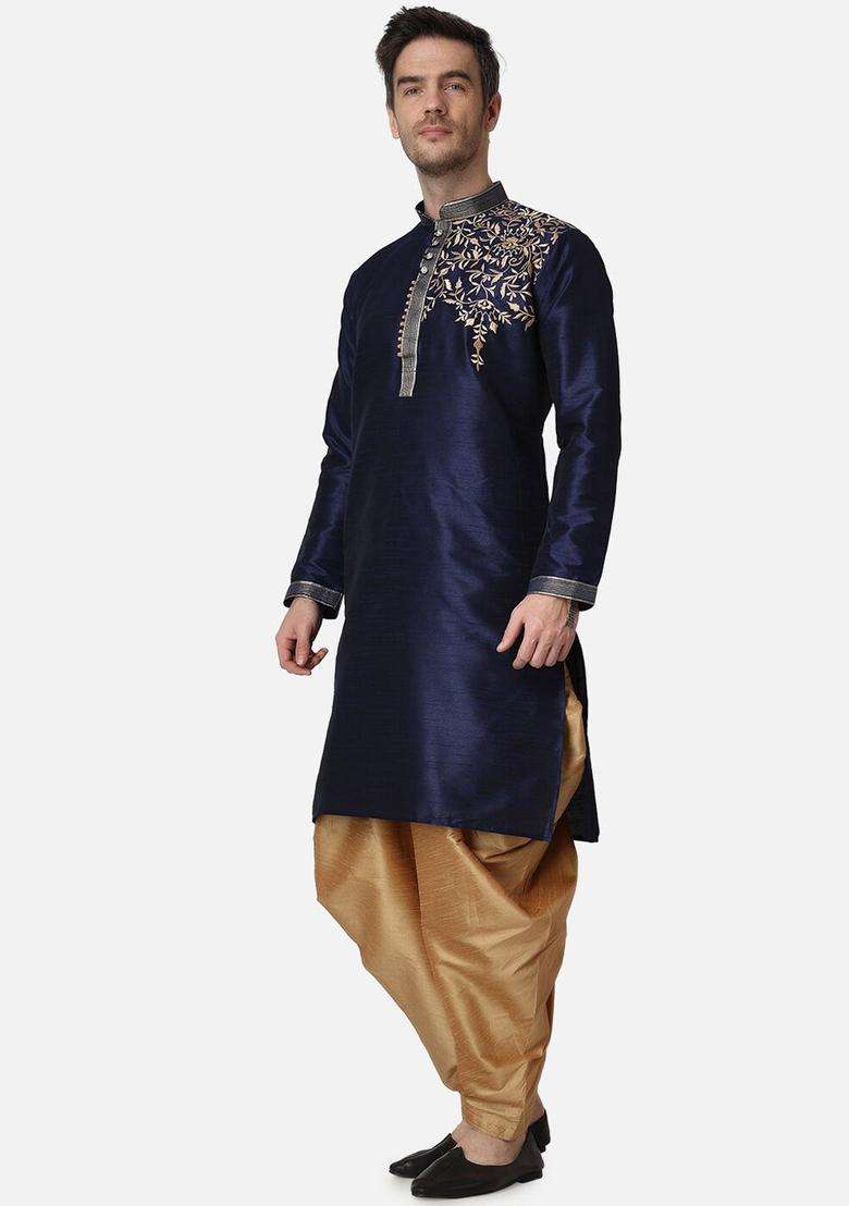 Navy Blue Embroidered Silk Kurta Set For Men - Indya